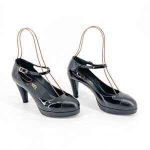 Chanel Platform Pumps Size 38 US 7-7.5 Black Patent Cap Toe Mary Jane Mid Heel